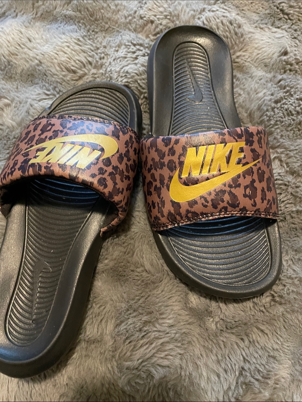 Nike Kids Leopard Print Slide Sandals with Gold Logo